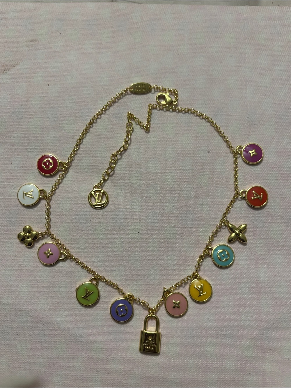 Gold LV Multicolor Enamel Charm Necklace